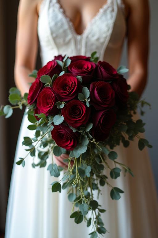 A bride holding a cascading bouquet of dark roses and eucalyptus.