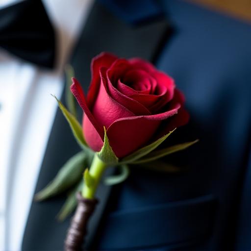 A close-up of a groom's buttonhole with a single claret rose.