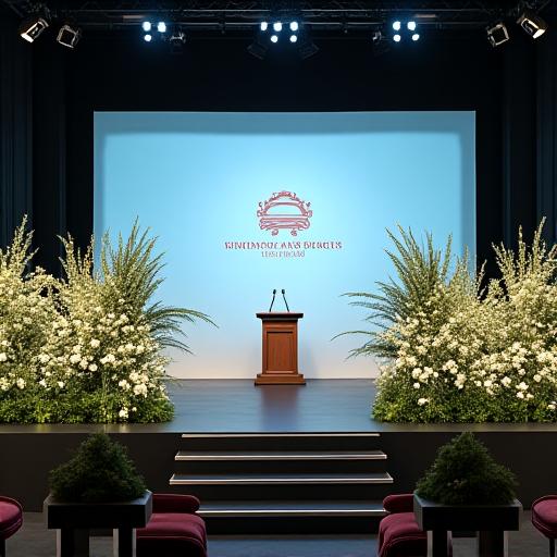 Floral arrangements flanking a stage at a corporate conference.