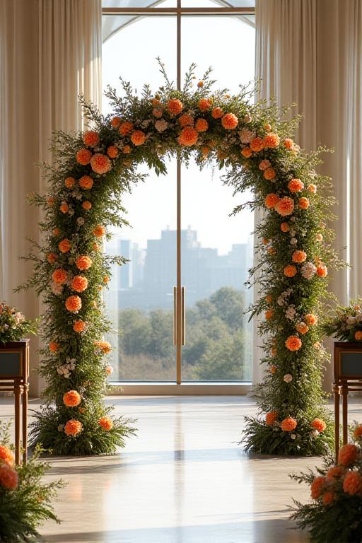 A wedding ceremony arch decorated in an Art Deco style with geometric florals.