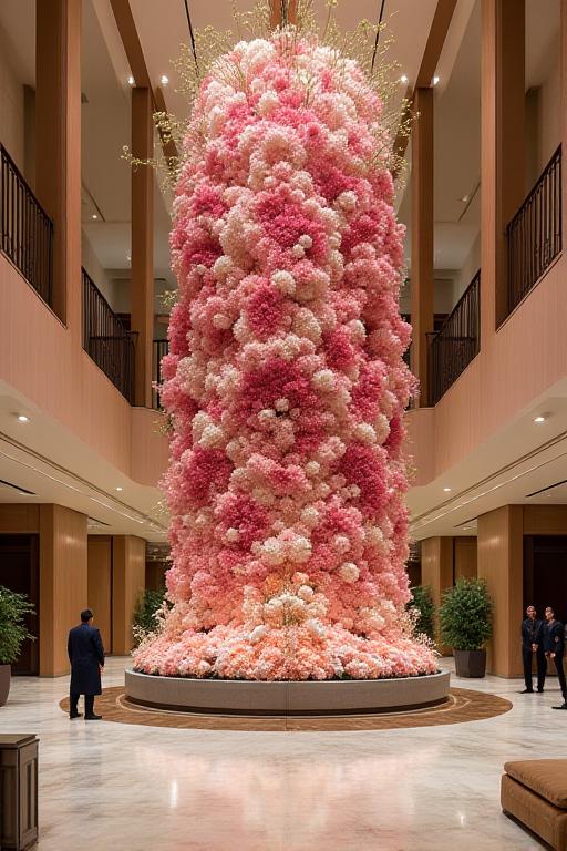 A massive floral installation in a luxury hotel lobby.