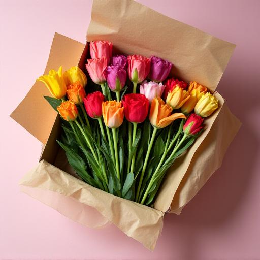 An open subscription box revealing beautiful, freshly cut stems.
