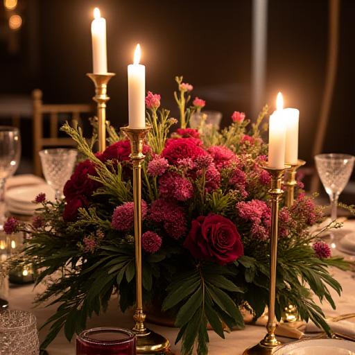 A low, lush table centerpiece with gold candlesticks.
