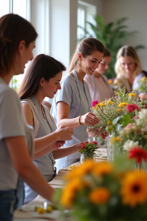 A group of people happily creating arrangements at a floral workshop.