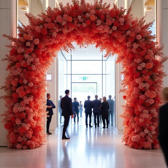 A large, modern floral installation at the entrance of a corporate event.