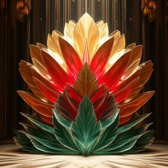 A geometric, arching floral installation with gold-painted leaves and dramatic lighting.