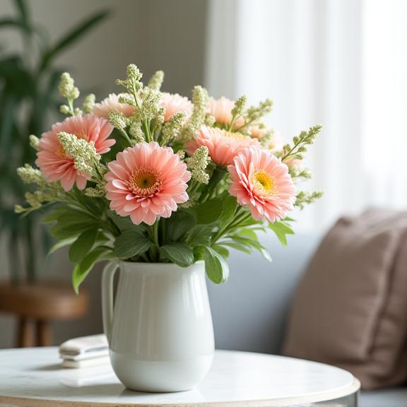 A stylish vase with a fresh bouquet of flowers sitting on a modern side table.
