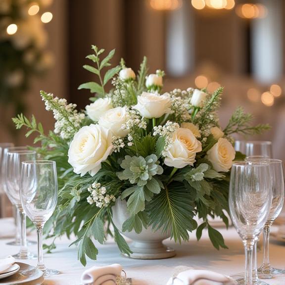 Elegant white and green floral arrangement centerpiece on a wedding reception table.