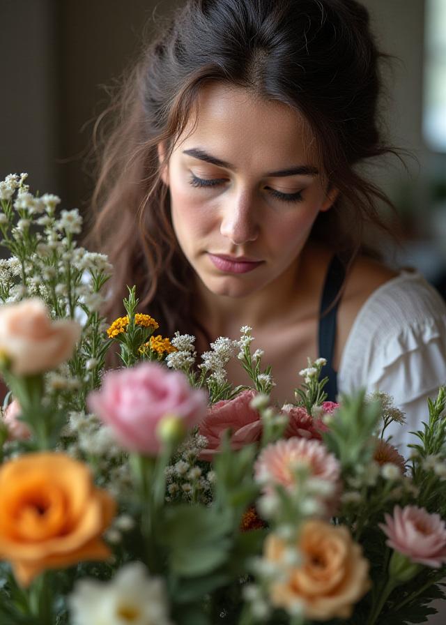 A floral artist carefully arranging a bouquet with intense focus, surrounded by beautiful stems and vintage tools.